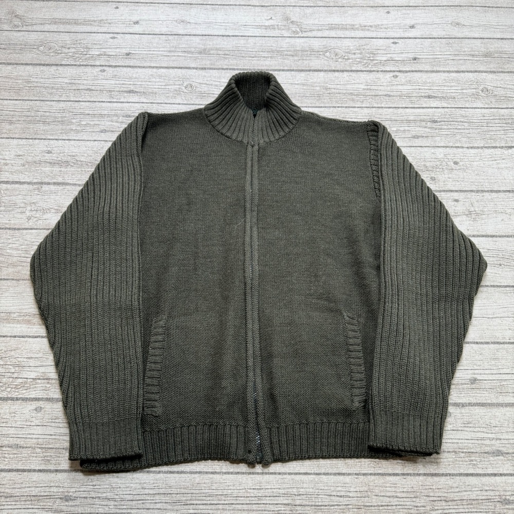 Holt Renfrew Sweater Men's Medium Olive Green Ribbed Knit Mockneck Zip Cardigan
